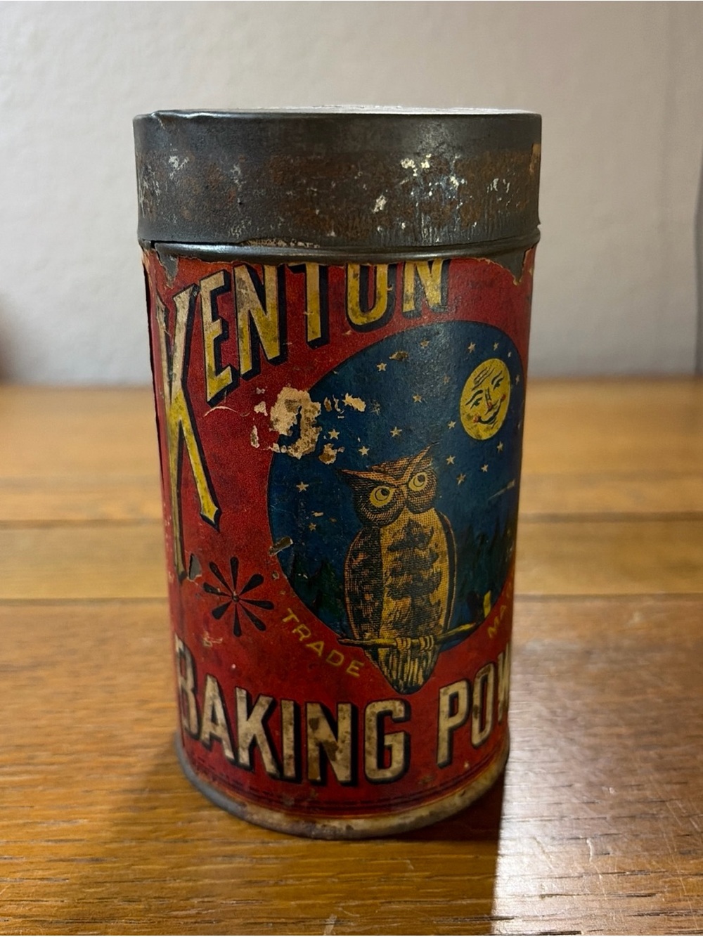 Kenton Baking Powder Tin Antique Paper Label Can Owl Moon Graphics Cincinnati OH